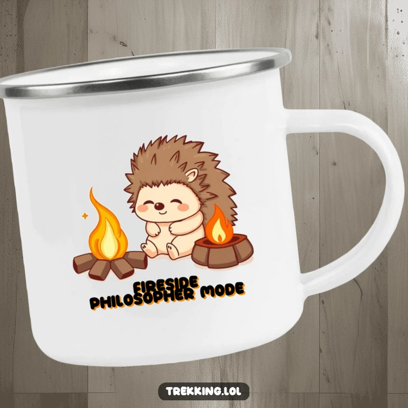 Funny camping mug with a happy hedgehog sighing contentedly by a campfire, ideal for outdoor enthusiasts.