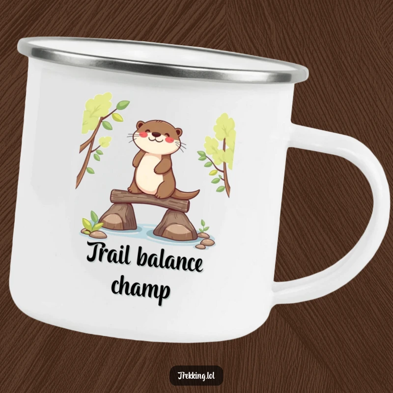 Durable enamel camping mug featuring a funny joyful otter balancing on a log, designed for outdoor use.