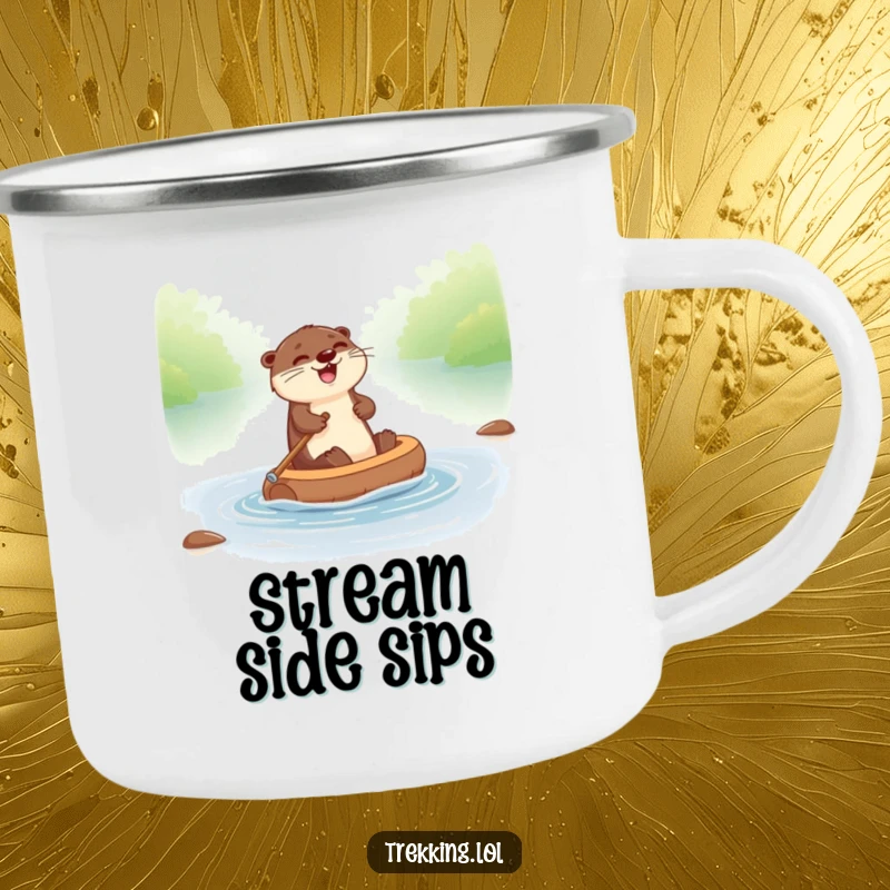 Funny otter camping mug showing a giggling otter paddling a tiny raft down a river, perfect for outdoor use.