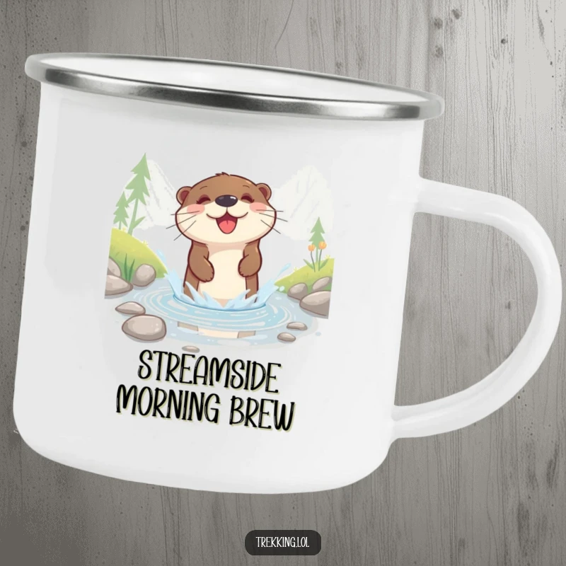 Funny camping mug with a happy otter splashing through a shallow mountain stream, perfect for outdoor adventures.