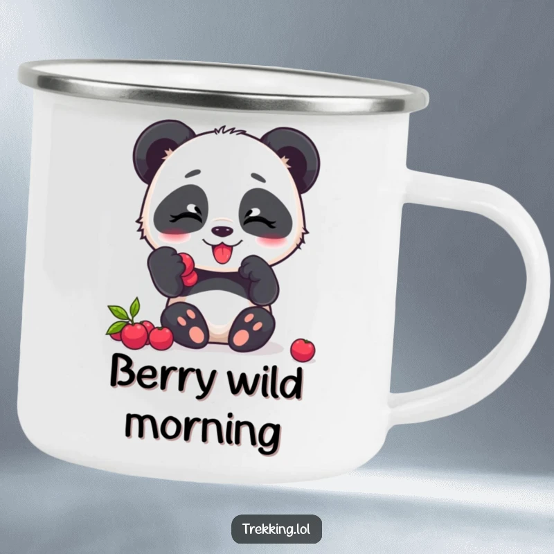 Funny panda camping mug, a giggling panda character enjoying berries in a natural setting.