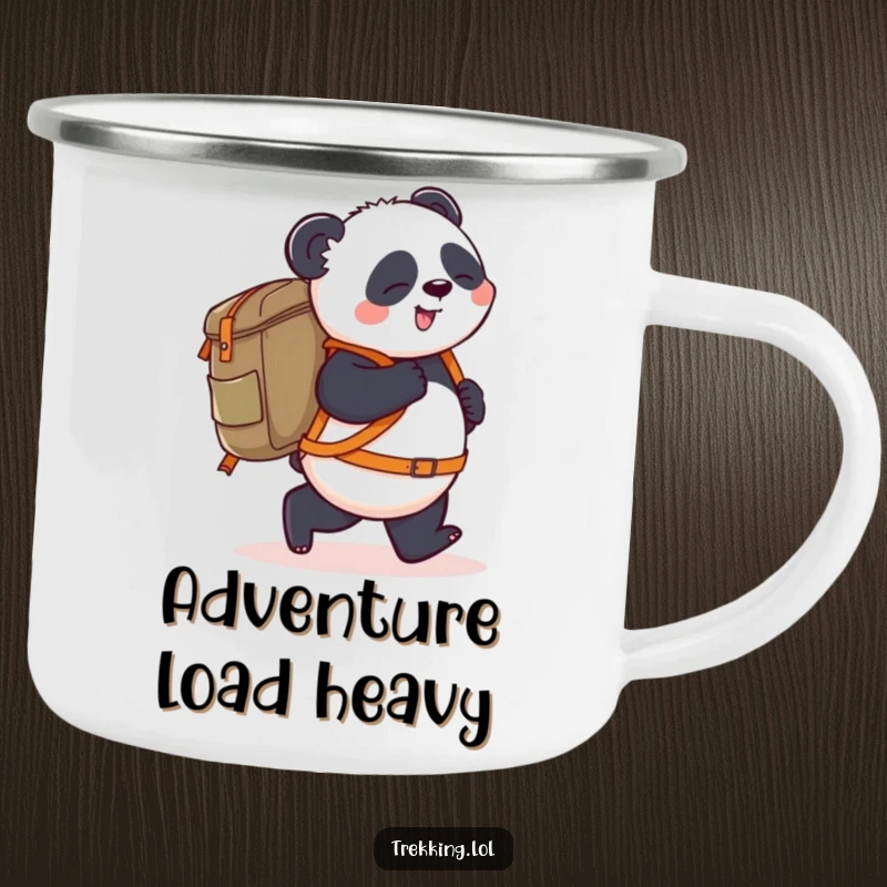 Funny Camping Mug: A playful panda stumbles slightly forward carrying a giant backpack, ideal for enjoying beverages during outdoor adventures.