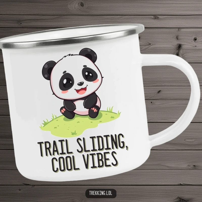 Funny panda camping mug showing a playful panda sliding down a grassy slope with pure glee. Perfect for joyful outdoor moments.