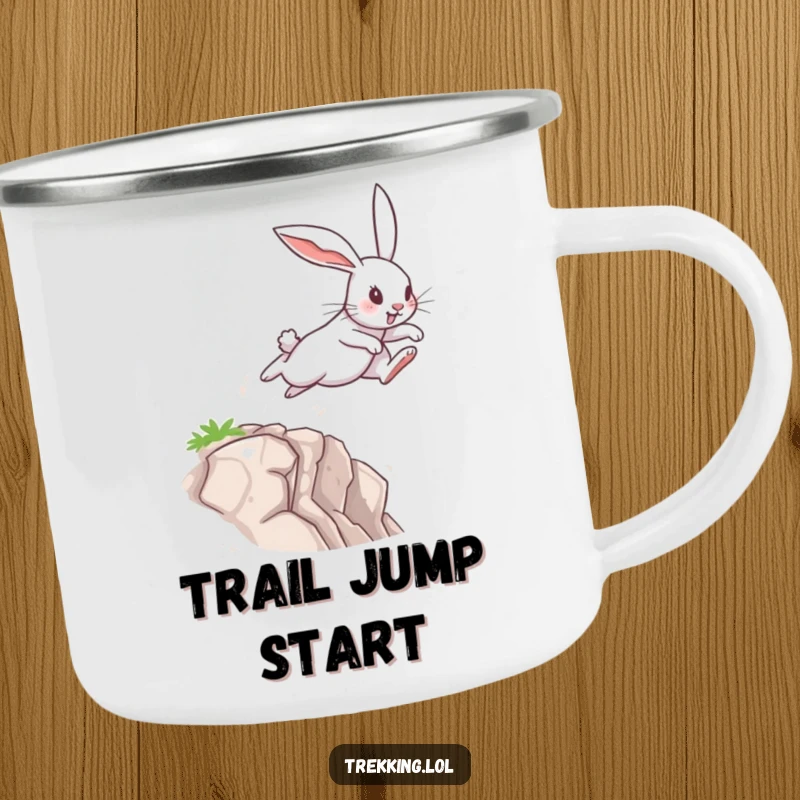 Funny Camping Mug with a determined rabbit leaping across a small chasm, perfect for outdoor enthusiasts who appreciate courageous humor.