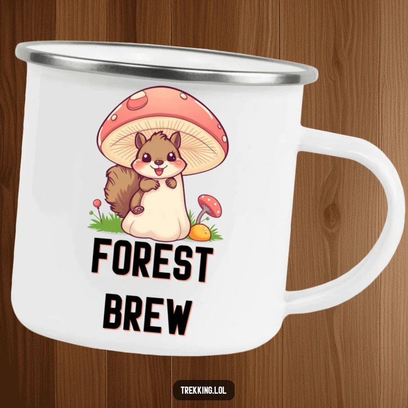 Funny squirrel mushroom camping mug with a fluffy squirrel peeking excitedly from behind a large, colorful mushroom, ideal for outdoor drinks.
