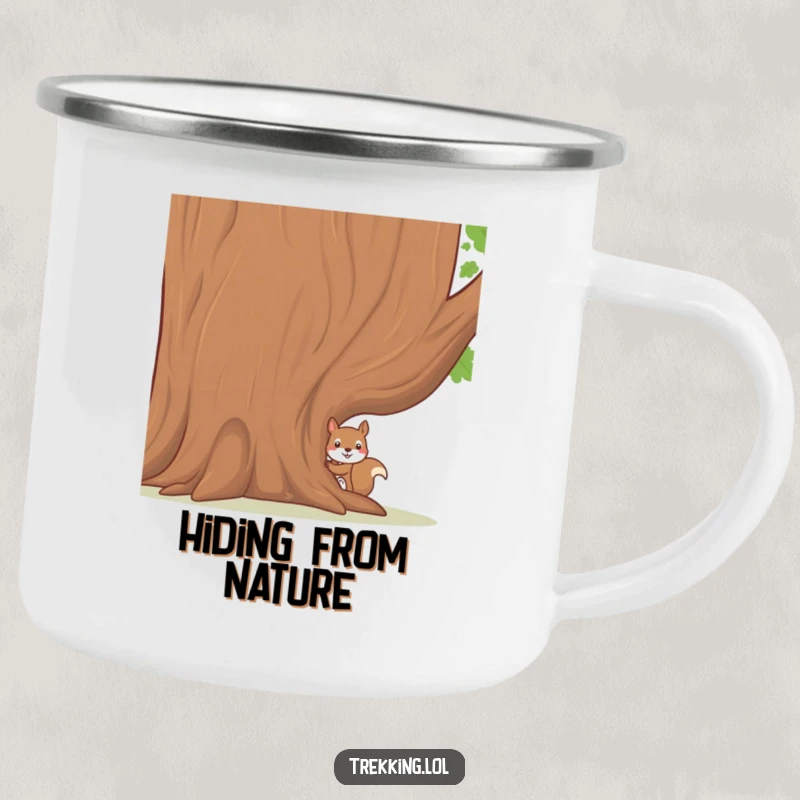 Funny camping mug with a shy squirrel peeking from behind a tree, ideal for enjoying warm beverages during outdoor excursions.