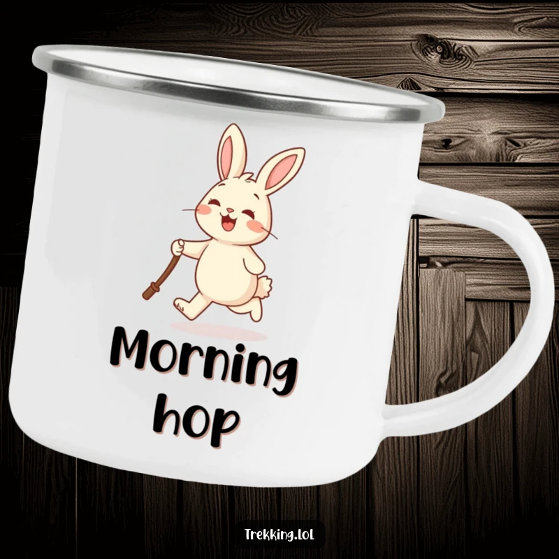 Funny camping mug with a cheerful rabbit joyfully skipping and holding a walking stick, designed for outdoor lovers.