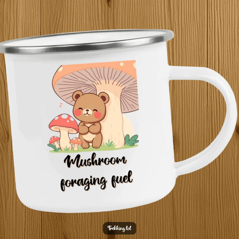 Durable enamel camping mug featuring a funny bear lost among giant mushrooms, designed for outdoor use.