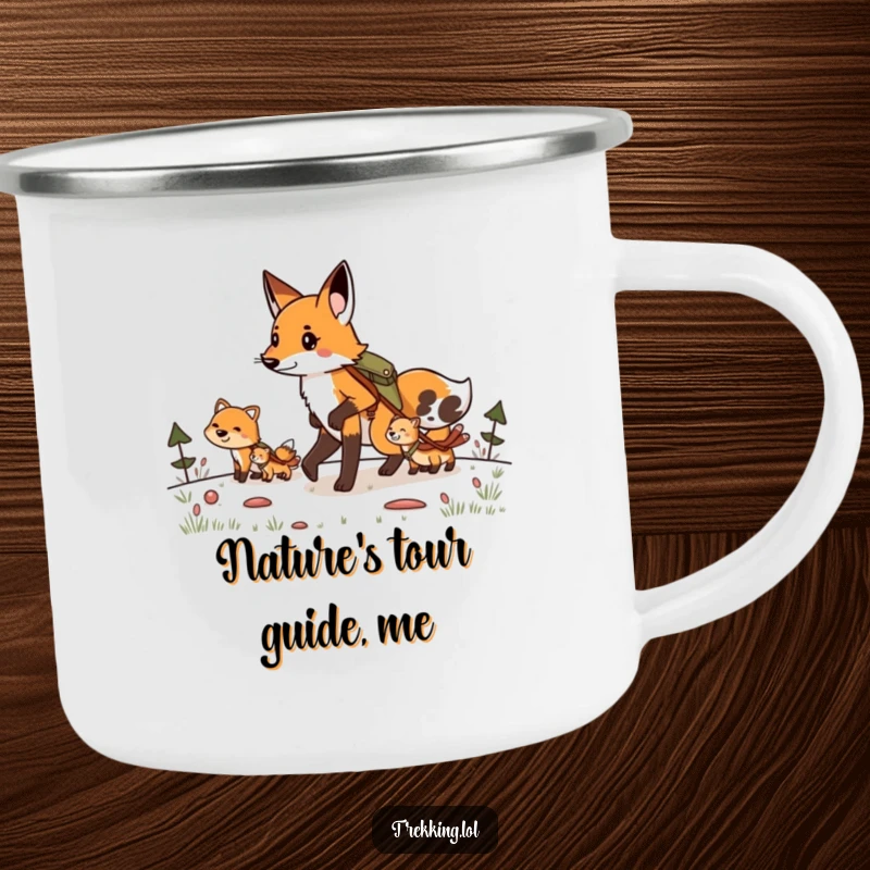 Funny camping mug showing a determined fox leading a group of animals on a hike, perfect for outdoor enthusiasts.