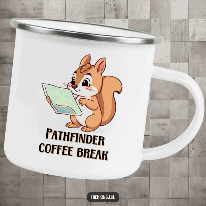Funny camping mug with a curious squirrel pointing at a map with a determined expression; a durable and humorous companion for the wild.