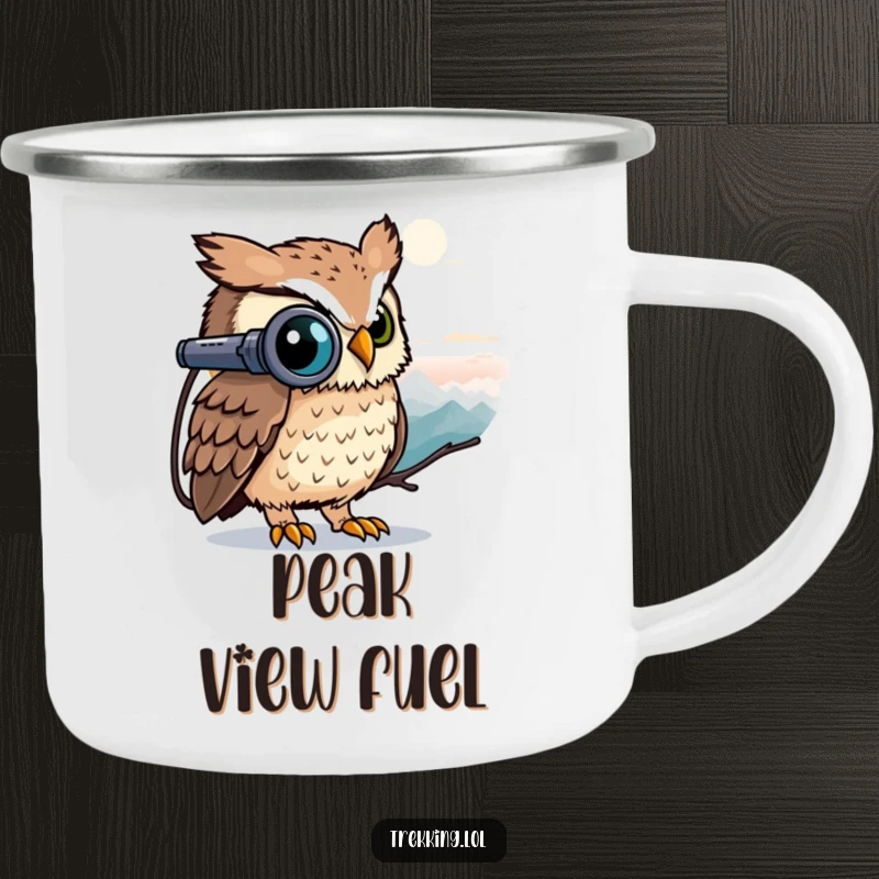Funny owl using binoculars to spot distant peaks, ready for outdoor adventure, on a sturdy funny camping mug.