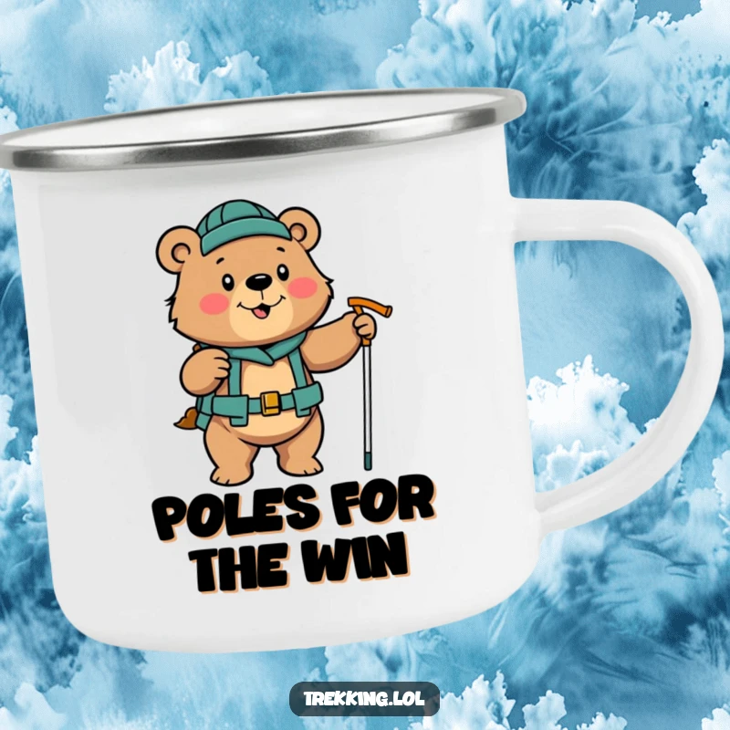 Funny determined bear enthusiastically using hiking poles on a camping mug, outdoor strength humor.