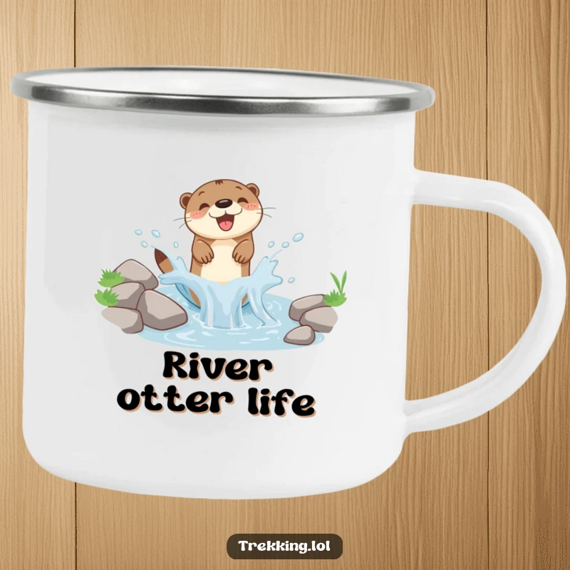 Funny enamel camping mug featuring a happy otter splashing in a small stream, ideal for outdoor beverages.