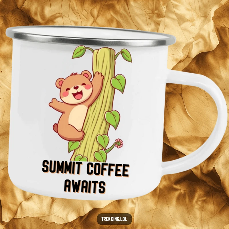 Funny Camping Mug: A happy bear grins while climbing a towering beanstalk, ideal for enjoying beverages during outdoor adventures.