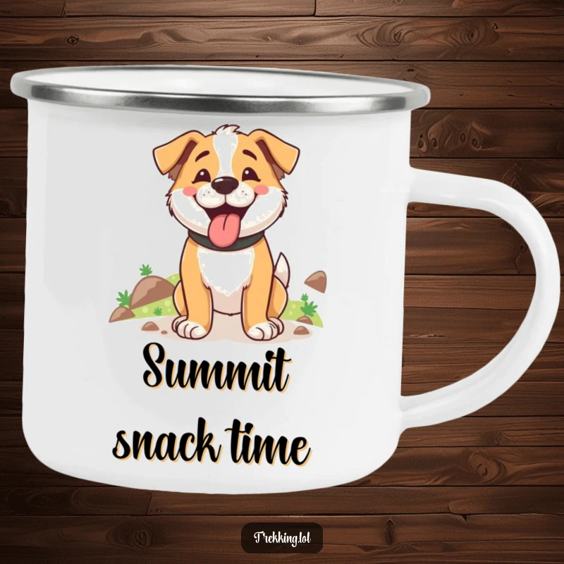 Funny enamel camping mug featuring a happy dog panting after an uphill hike, perfect for outdoor beverages.