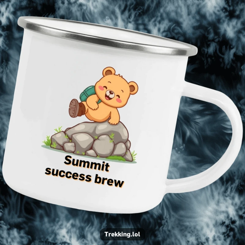 Funny bear hiking camping mug with a cheerful bear in boots climbing a mossy rock, ideal for enjoying drinks outdoors.