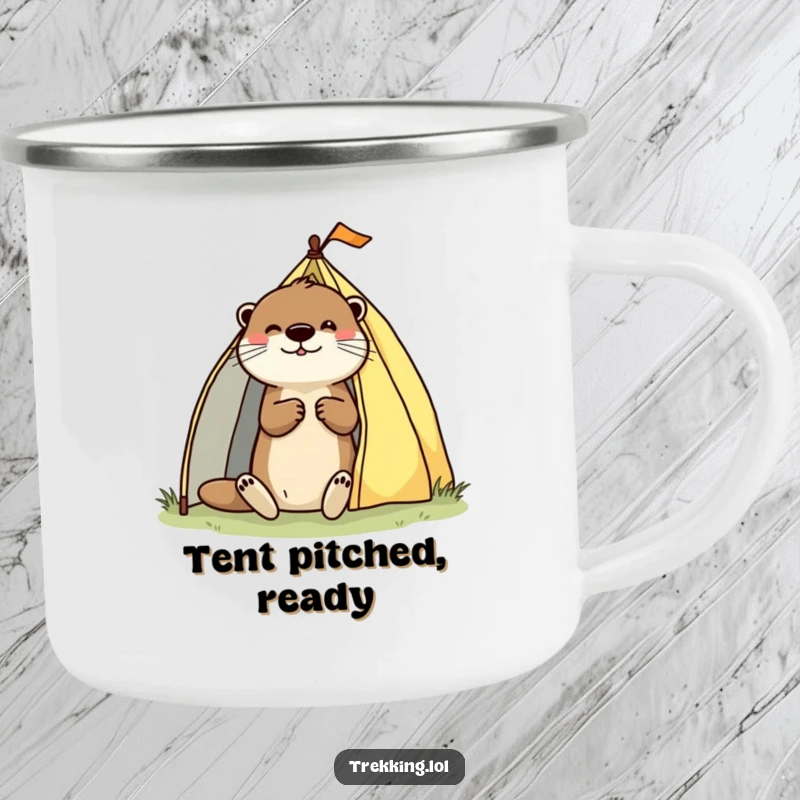 Funny camping mug with a playful otter enthusiastically pitching a tent, designed for outdoor lovers and camping humor.