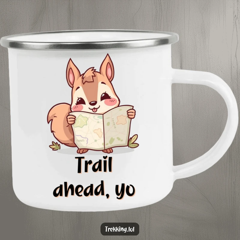 Funny camping mug showing a smiling squirrel with a map, ready for outdoor treks and humorous escapades.