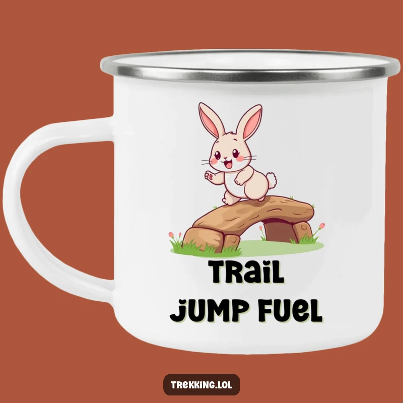Funny Rabbit Log Bridge Camping Mug: Happy Hopper Rabbit, Cheerful Trailside Brew