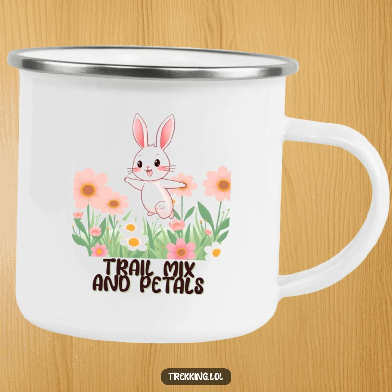Funny camping mug featuring a cheerful bunny bounding through a field of giant flowers, perfect for enjoying drinks by the campfire.