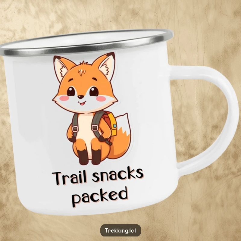 Funny camping mug with a happy fox smiling and wearing a tiny backpack, designed for outdoor lovers and whimsical charm.