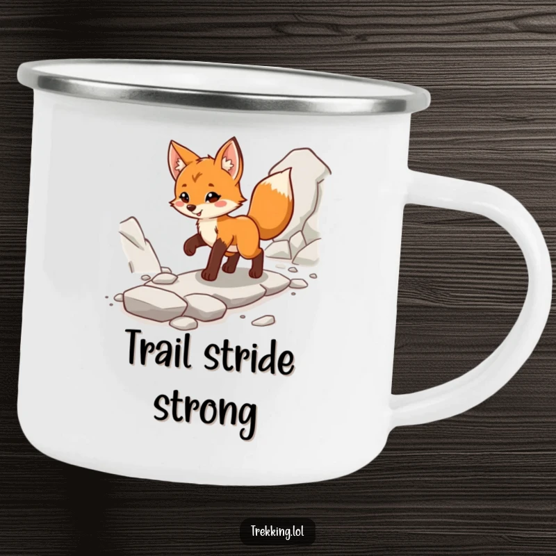 Funny fox cub camping mug, confidently navigating a rocky path, ideal for any rugged outdoor adventure.