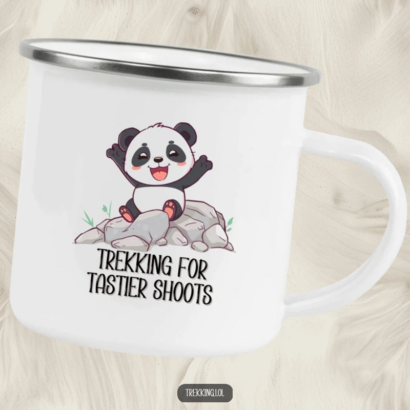 Funny camping mug with an enthusiastic panda joyfully navigating a rocky path, perfect for outdoor activities.