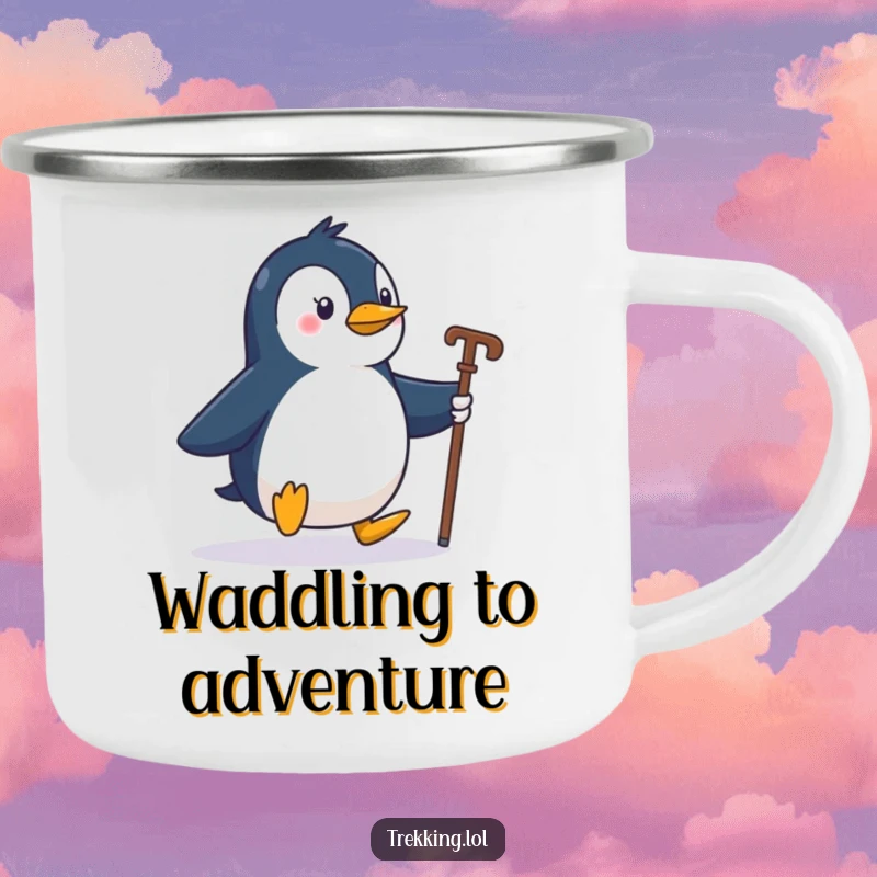 Durable enamel camping mug featuring a funny penguin waddling with a walking stick, designed for outdoor use.