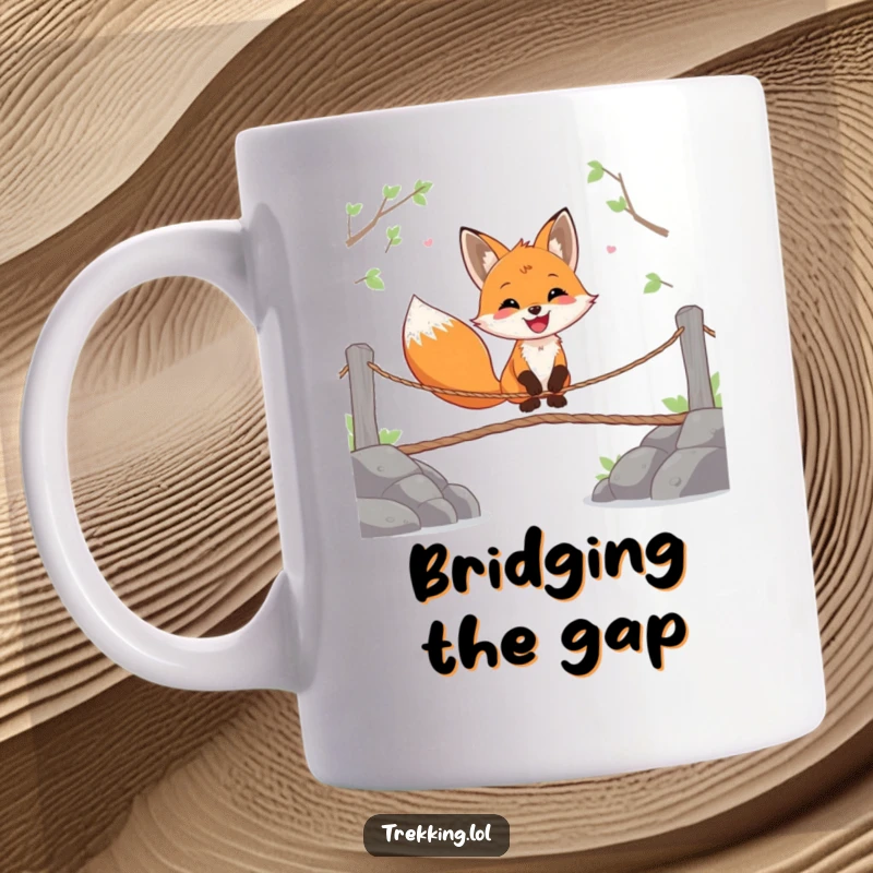 Funny mug showing a happy fox gleefully crossing a wobbly rope bridge, symbolizing joy and adventurous spirit.