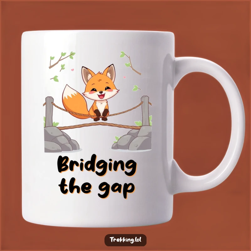 Funny Fox Mug: Happy Adventurer Crossing a Wobbly Bridge