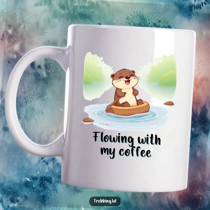 Funny otter mug showing a giggling aquatic mammal paddling a small raft down a river with pure delight.
