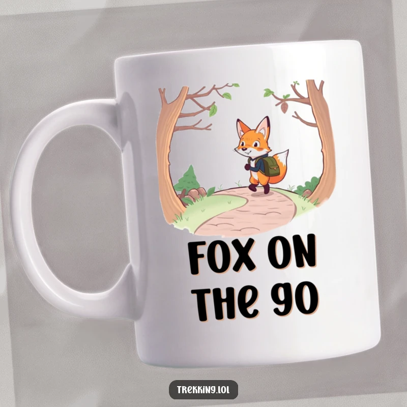 Funny fox backpacking mug featuring a determined fox with a backpack cheerfully walking a winding path, symbolizing joyful journeys.