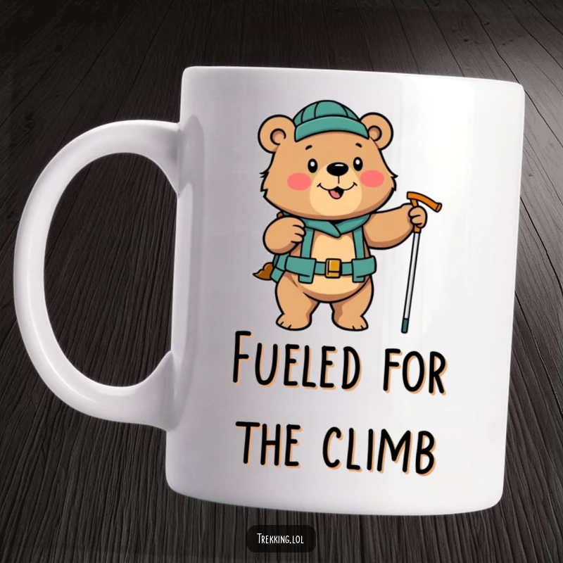 Funny determined bear enthusiastically using hiking poles on a mug, strong and humorous gift.