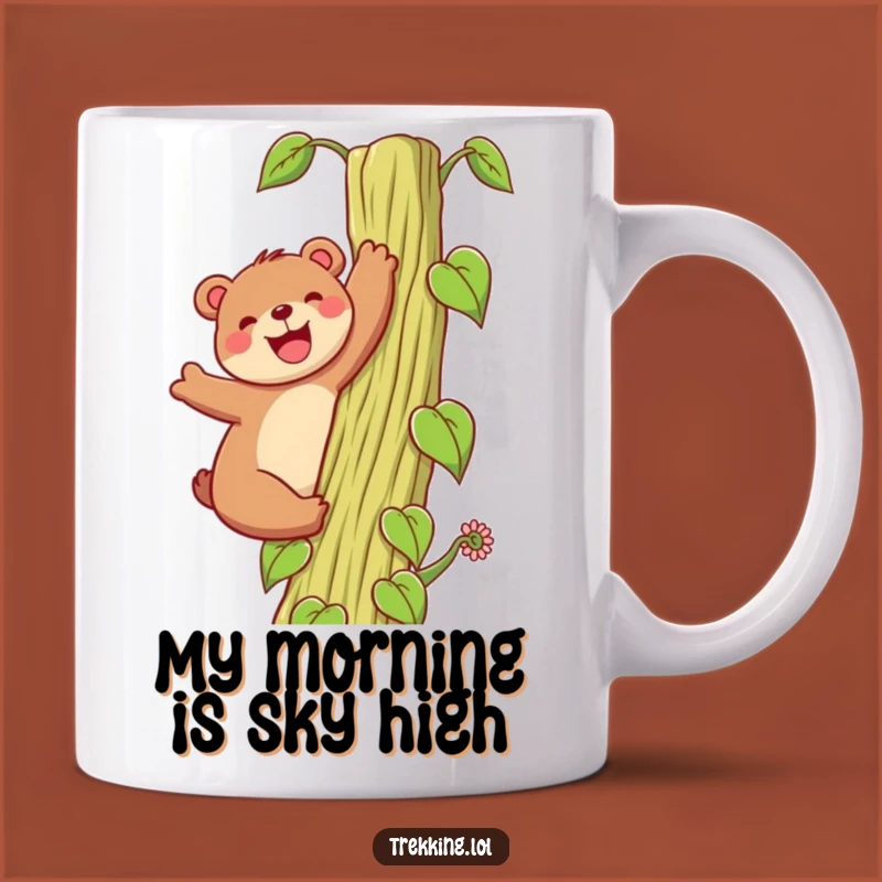 Funny Bear Beanstalk Mug: Grinning Bear Climbing High, Whimsical Adventure Gift