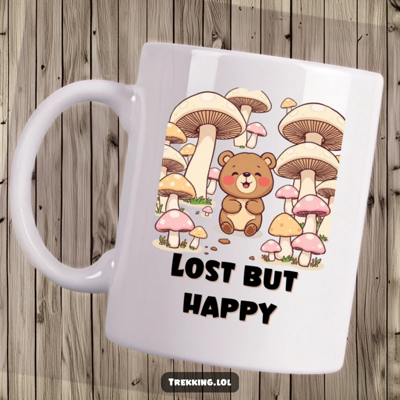 Funny mug showing a giggling bear comically struggling to navigate a maze made of giant, colorful mushrooms, embodying playful confusion.