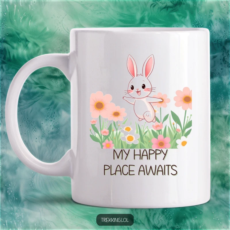 Funny mug showcasing a happy bunny leaping joyfully through a field of giant, colorful flowers, embodying pure delight and springtime.