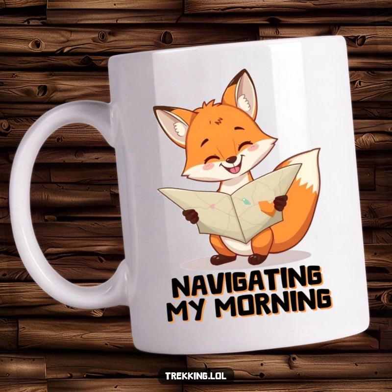 Funny cheerful fox consulting a large, unfolded map with a grin on a mug, adventurous and humorous.