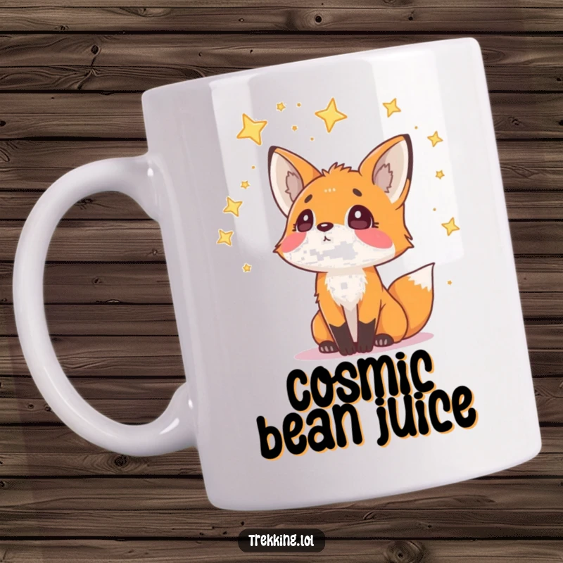 Funny Mug featuring a curious fox looking up with wide eyes at a sky full of twinkling stars, full of wonder and enchantment.