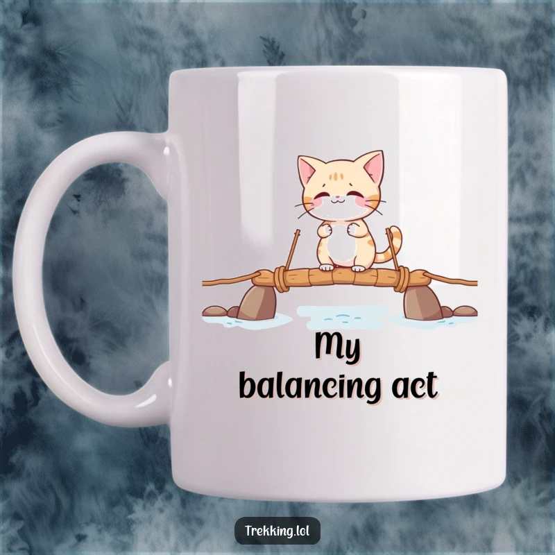 Funny mug of a giggling cartoon cat precariously crossing a shaky rope bridge, showcasing bravery and humor.
