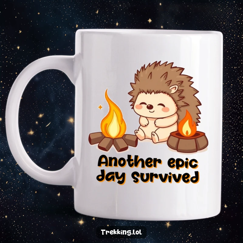 Funny mug featuring a happy hedgehog sighing contentedly by a warm campfire, a perfect symbol of relaxation.