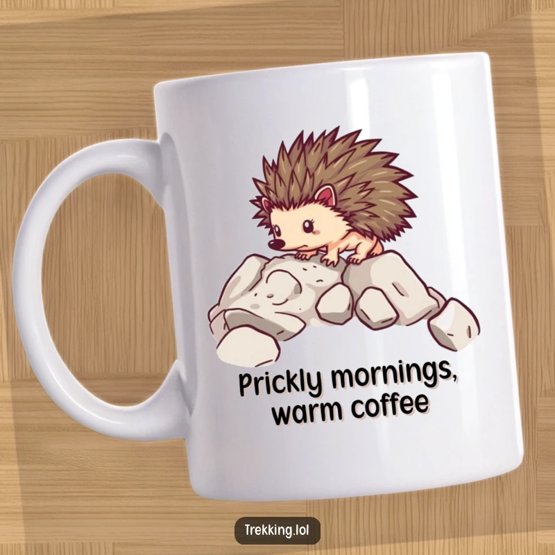 Funny mug showing a determined hedgehog carefully navigating over challenging rocky terrain, embodying perseverance.