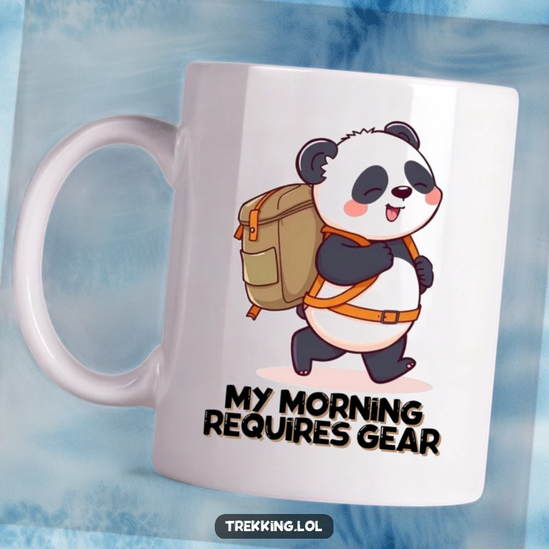 Funny Mug: A playful panda carries a giant backpack, stumbling slightly forward, embodying humorous travel struggles and adorable clumsiness for a great gift.