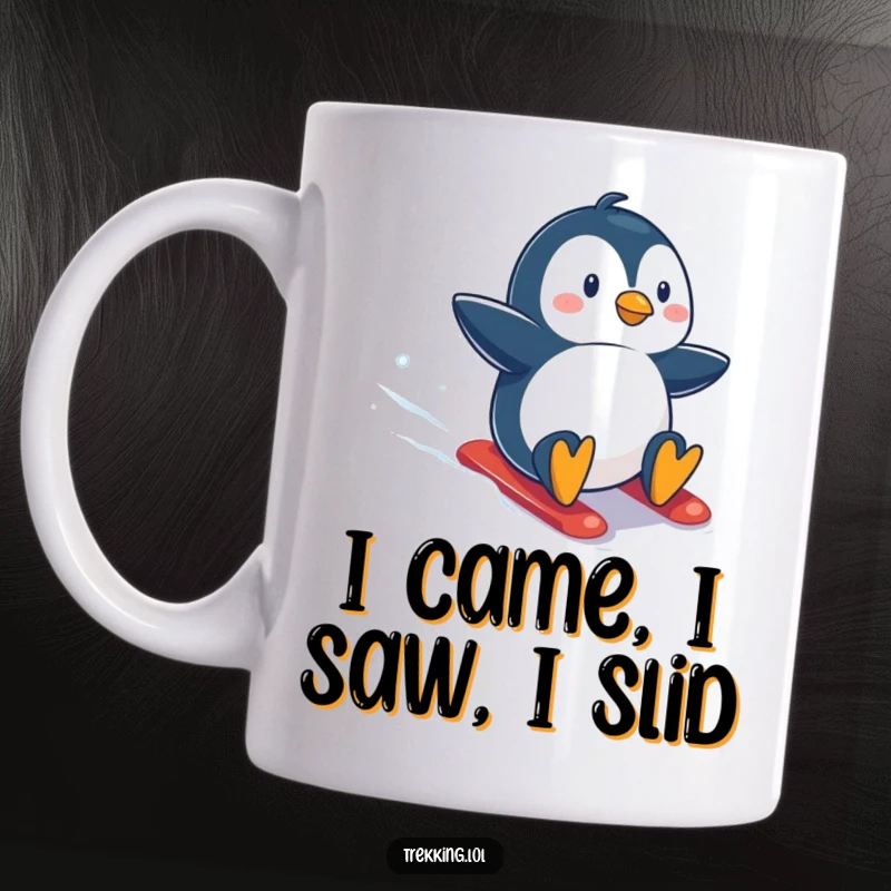 Funny mug featuring a determined penguin joyfully sliding down a steep, snowy slope with sheer excitement, capturing a moment of pure winter fun.