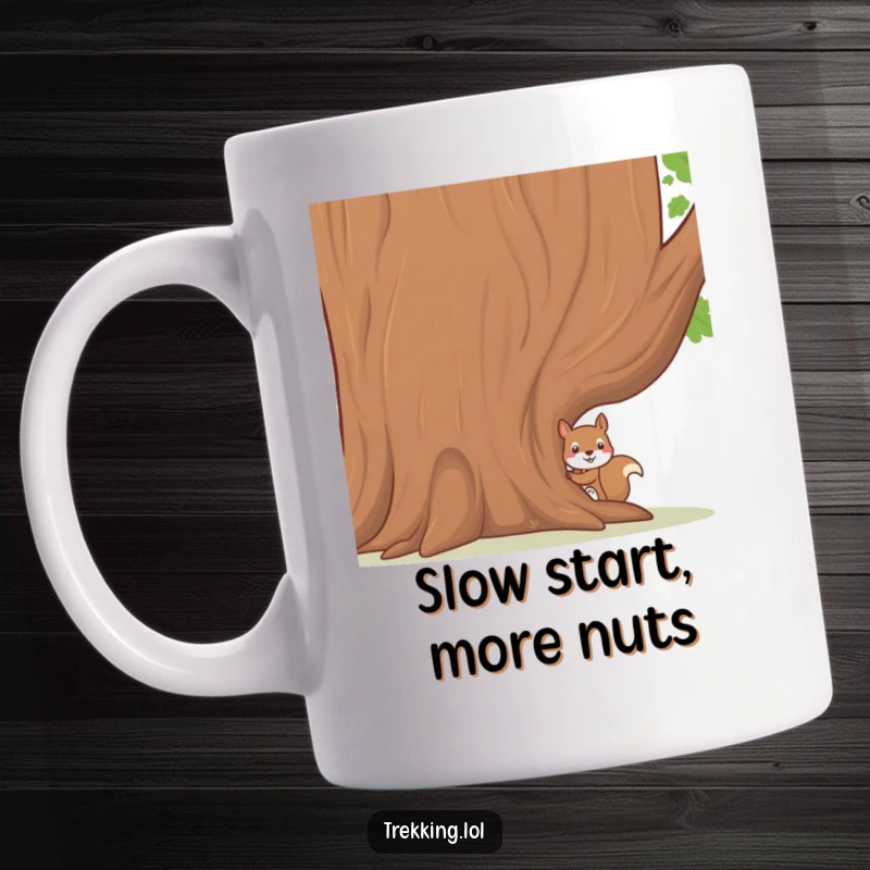 Funny mug showing a shy squirrel peeking curiously from behind the trunk of a large, friendly tree, embodying gentle curiosity.