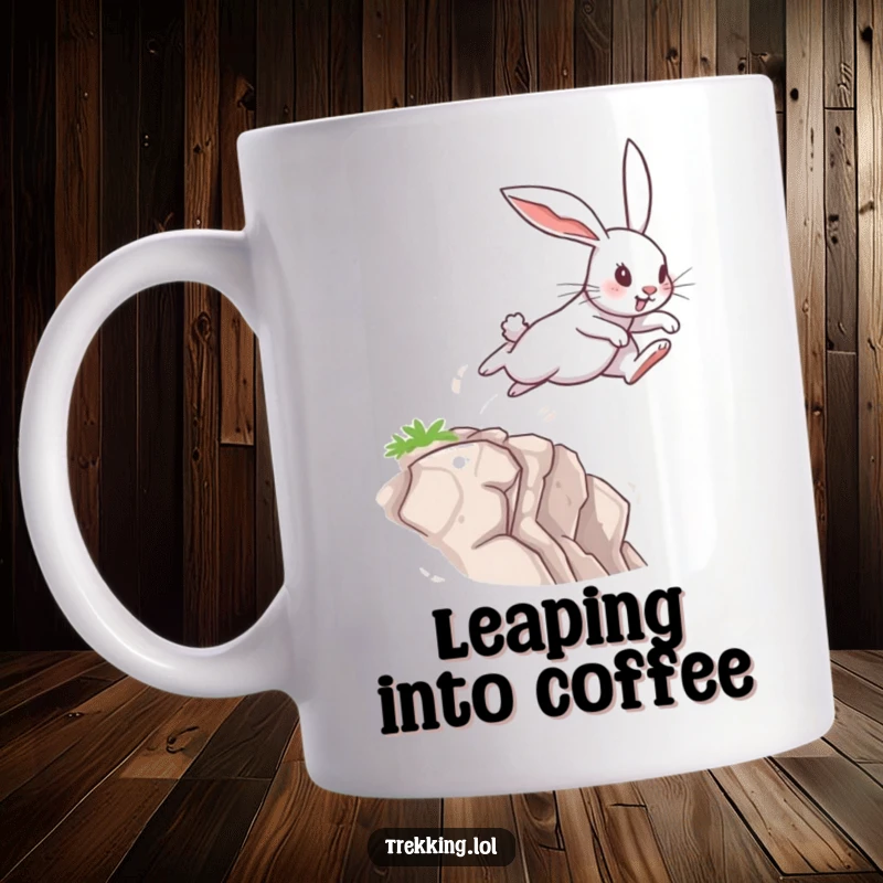 Funny Mug depicting a determined rabbit making a powerful leap across a small chasm, symbolizing courage and overcoming obstacles.