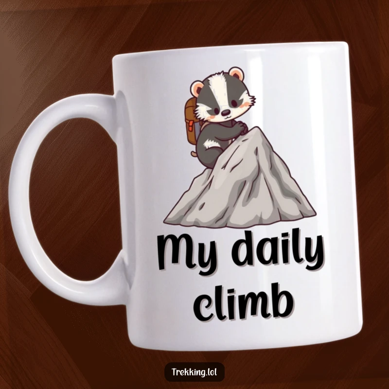 Funny mug showing a determined badger scaling a miniature mountain with a tiny backpack, symbolizing perseverance and adventure.