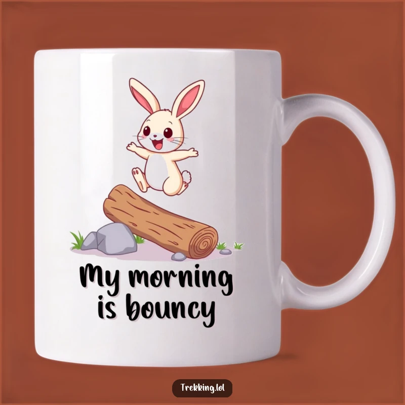 Funny Bunny Hop Mug: Cheerful Bunny Over Log, Perfect for Springtime Joy