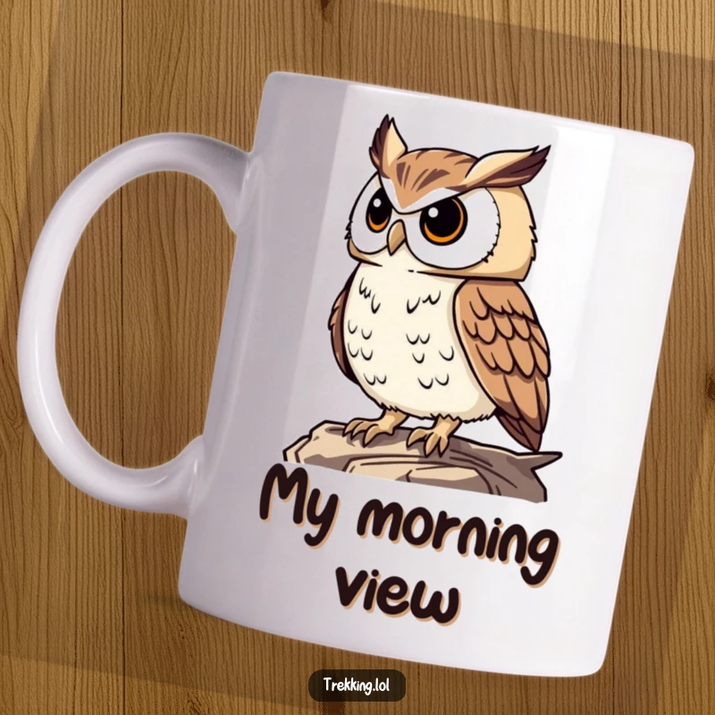 Funny proud owl perched high, surveying the landscape with a wise expression, printed on a mug for a humorous, knowledgeable vibe.