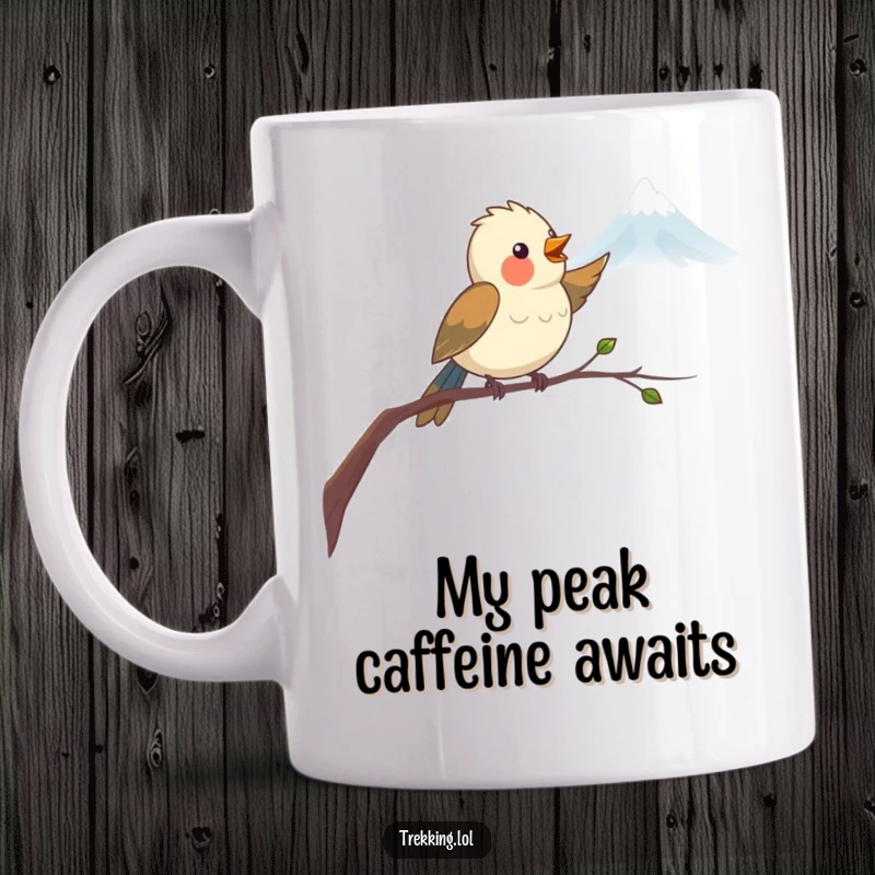 Funny Mug featuring a delighted cartoon bird on a branch, pointing enthusiastically towards a vast, distant mountain peak, inspiring wanderlust.