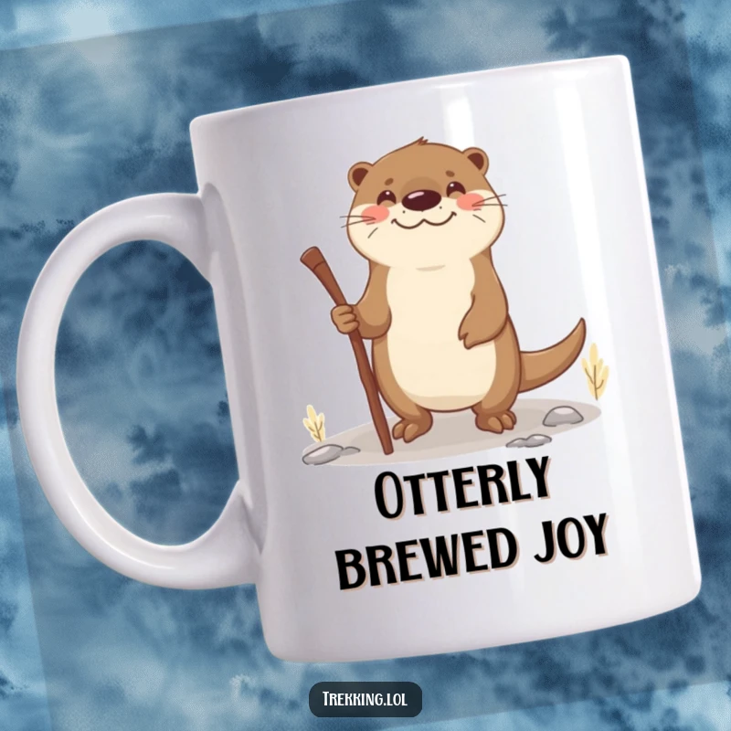 Funny otter walking stick mug featuring a smiling otter using a stick as a walking aid on uneven terrain, embodying resilience and joy.